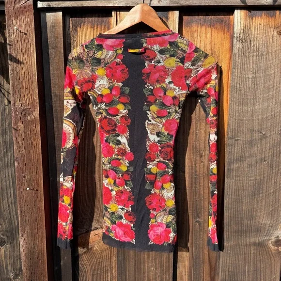 jean paul gaultier mesh long sleeve top black with floral roses small - Picture 2 of 7